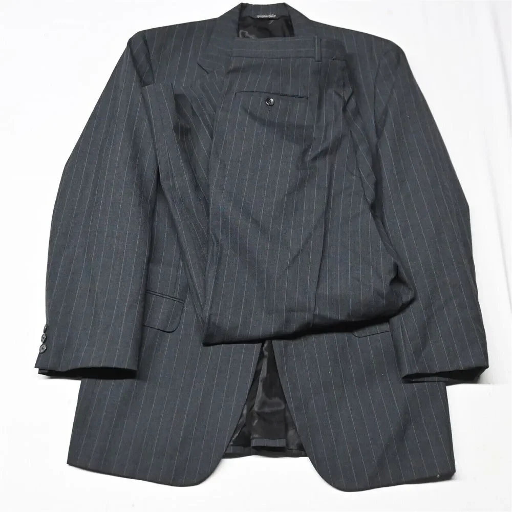 Vtg Bespoke 90s 42L 30x30 Gray Stripe Slim USA Made Mens Jacket Pants Suit